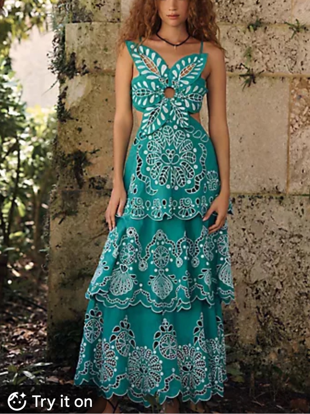 Anthropologie Teal Cutout Tiered Maxi Dress with White Eyelet Motif